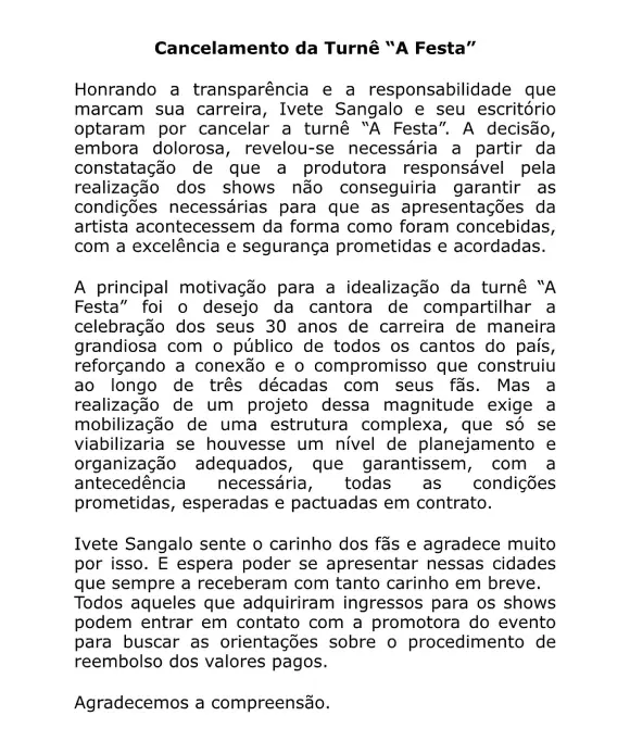 Nota de Cancelamento Show Ivete Sangalo em Brasília